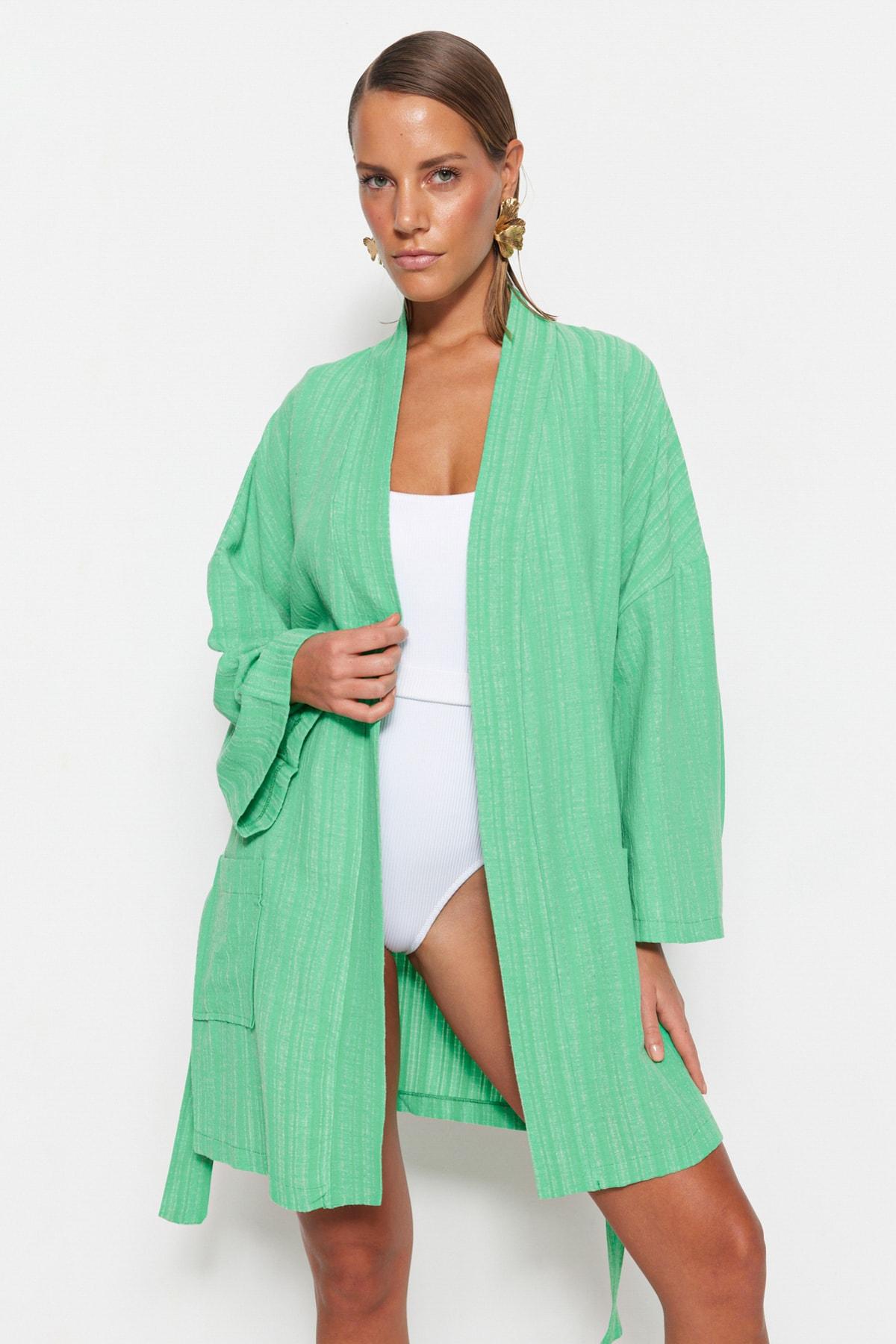 

Women s Fashion New Kimono&Kaftan Green Belted Mini Woven KimonoKaftan XS екрю