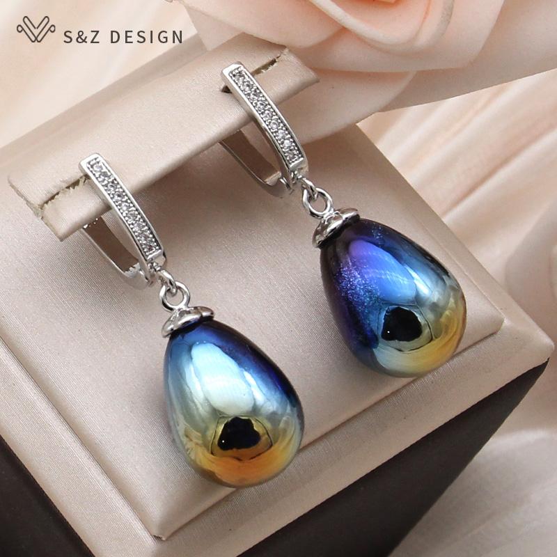 Fashion Colorful Water Drop Beads Dangle Earrings For Women Wedding Rose Gold Color Cubic Zirconia Jewelry