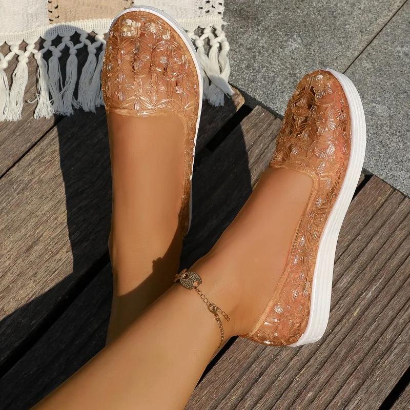 PU Hollow Out Round Toe Flats Spring/autumn Slip-on Ladies Bags on Sale 2025 Fashion Solid Shallow Concise Women's Shoes