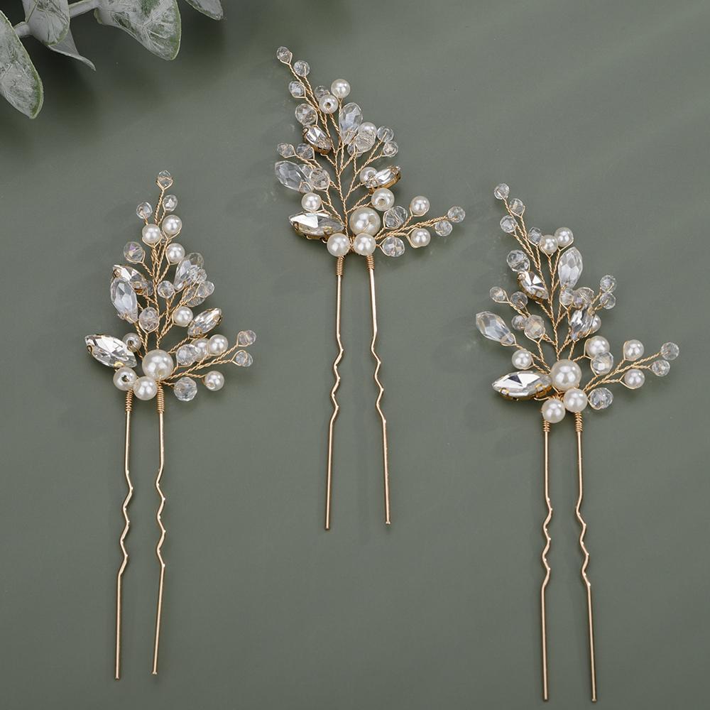 3 Pcs Pearl Rhinestone Bridal Headpiece Handmade Silver Gold Wedding Hair Pins Party Hair Accessories for Women and Girls Tiaras