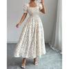Women's Square Neck Puff Short Sleeve Smocked Floral Print Tiered Midi Dress Elegant Casual Swing Sundress
