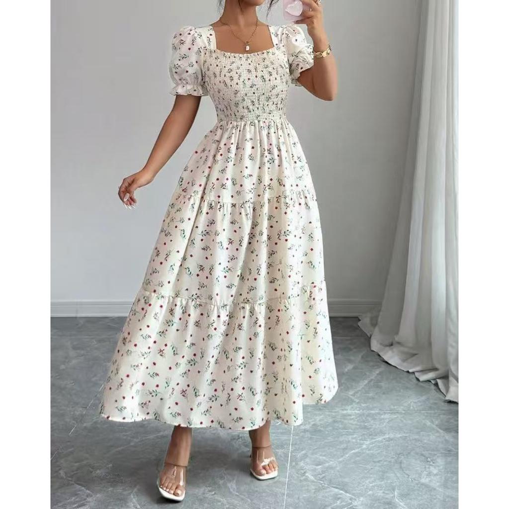 Women's Square Neck Puff Short Sleeve Smocked Floral Print Tiered Midi Dress Elegant Casual Swing Sundress