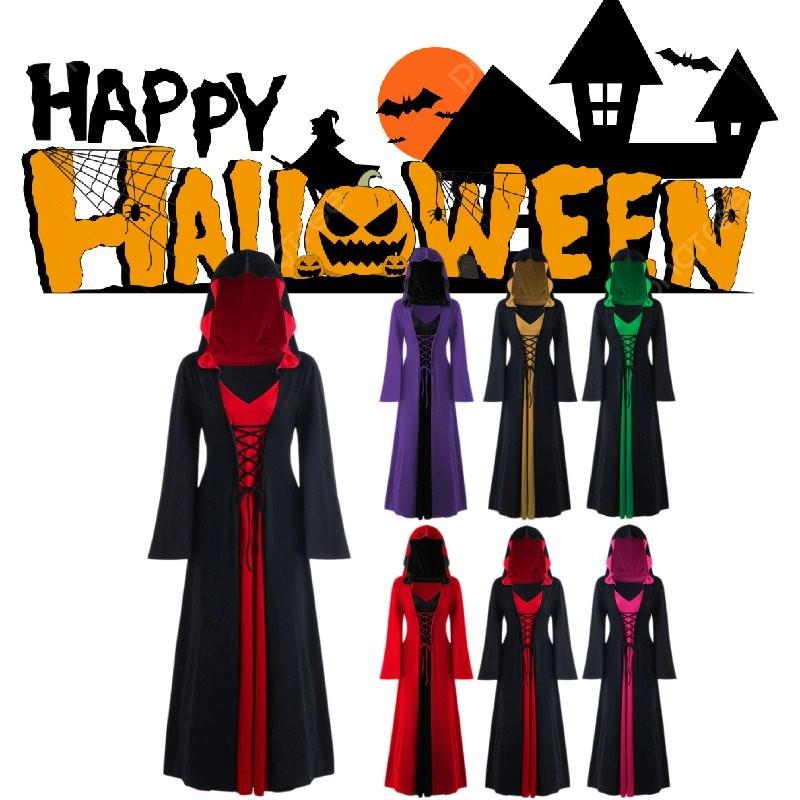 Lady Witch Halloween Hooded Loose Skirt V Neck Long Sleeves Costume Performance