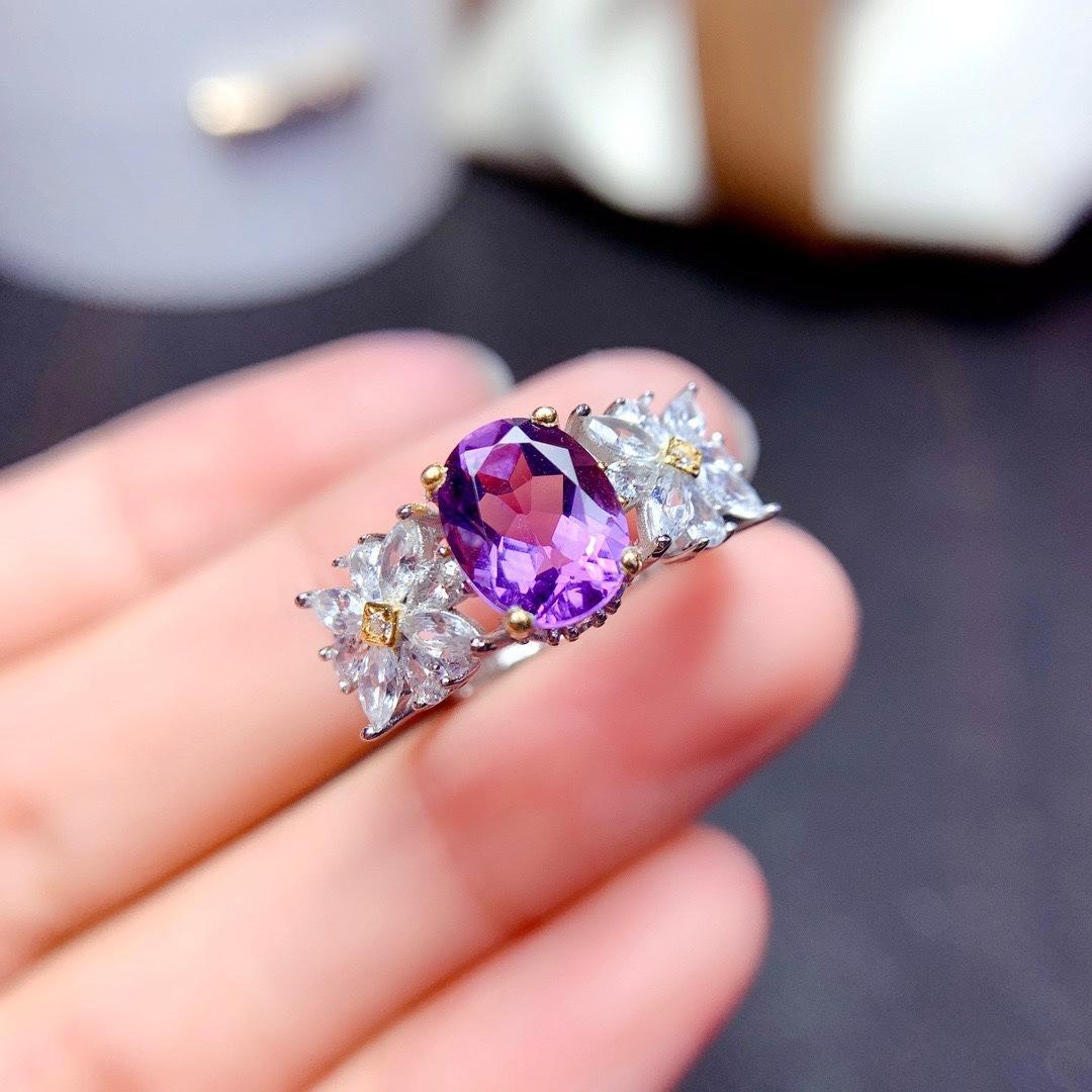 

Imitation Amethyst Micro-Set Ring Female, Sunflower Small Daisy Two-Color Electroplated Light Luxury Colored Treasure Ring opening adjustable