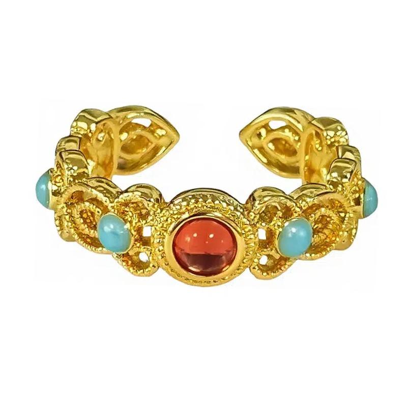 National Tide Style Retro Enamel Color Open Ring Medieval Vintage Flower Niche High-End Ring