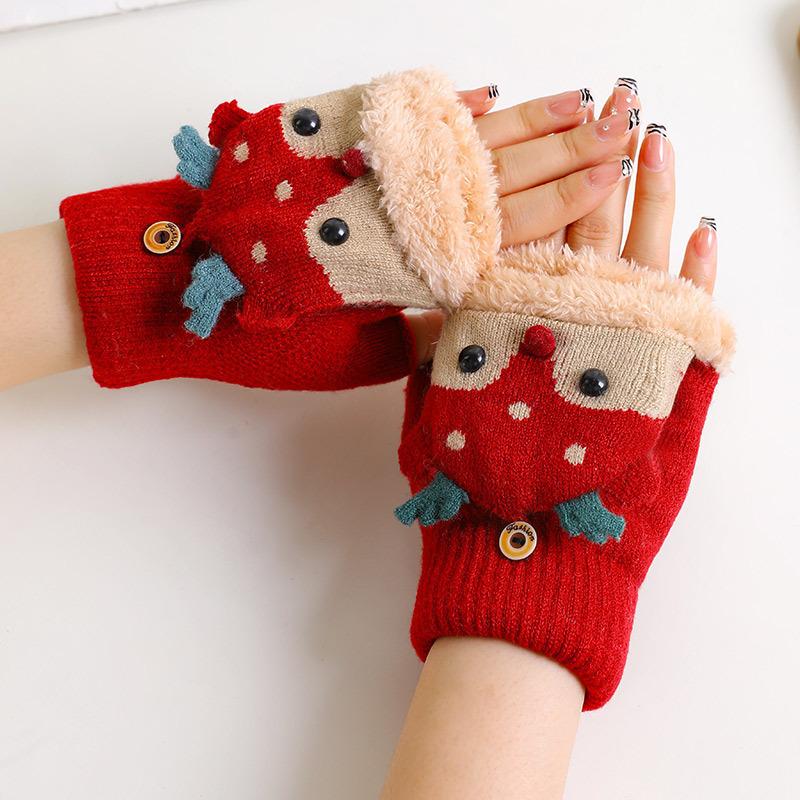 Gloves female winter student flip half finger cute Korean version cartoon warm optional color velvet gloves manufacturer RY