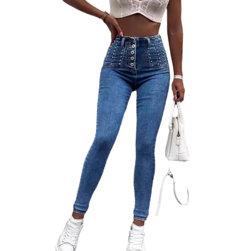 New High-waisted Slim Willow Nail Jeans Female Tight Small Feet To Lift the Buttocks Trousers
