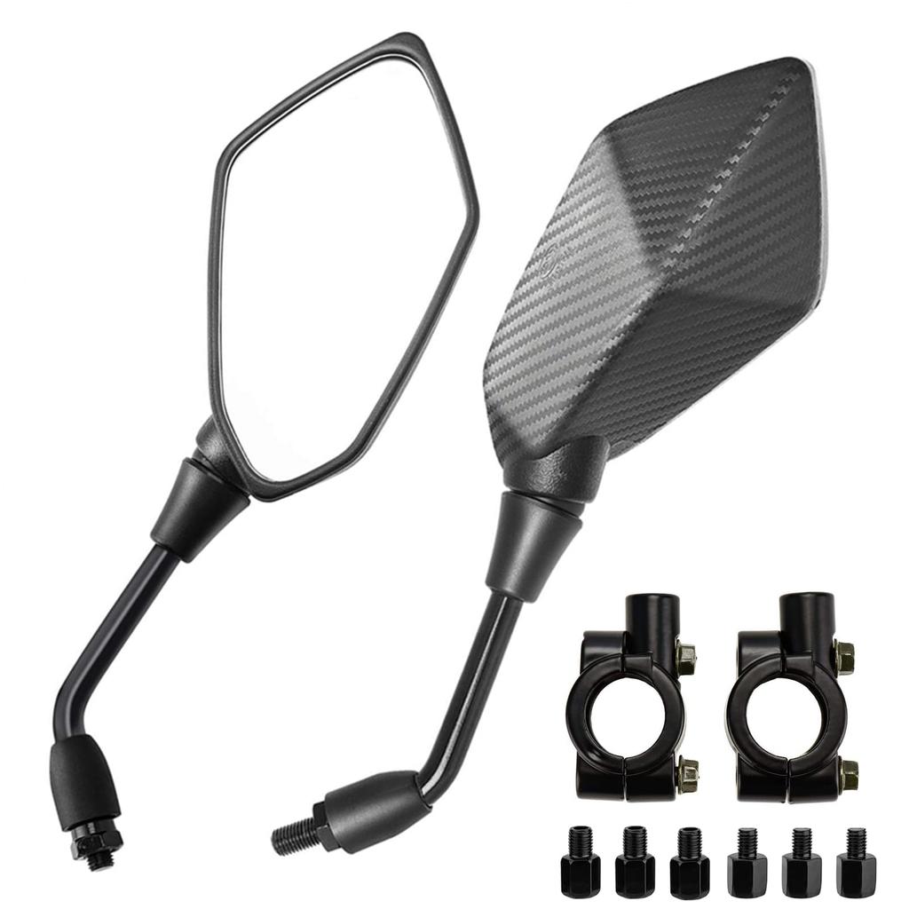 SEMIMO Universal Motorcycle Handlebar Large Field of 10mm Left and Right Carbon Fiber Look Mirrors, View, Positive-Side Threads, Set,