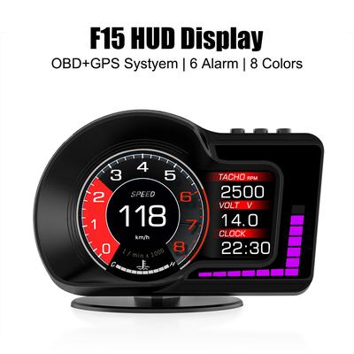 Car Head Up Display OBD GPS Dual System HUD 6 Alarm Functions RPM Gauge F15 8 Colors Speedometer Accelerated Test Milometer