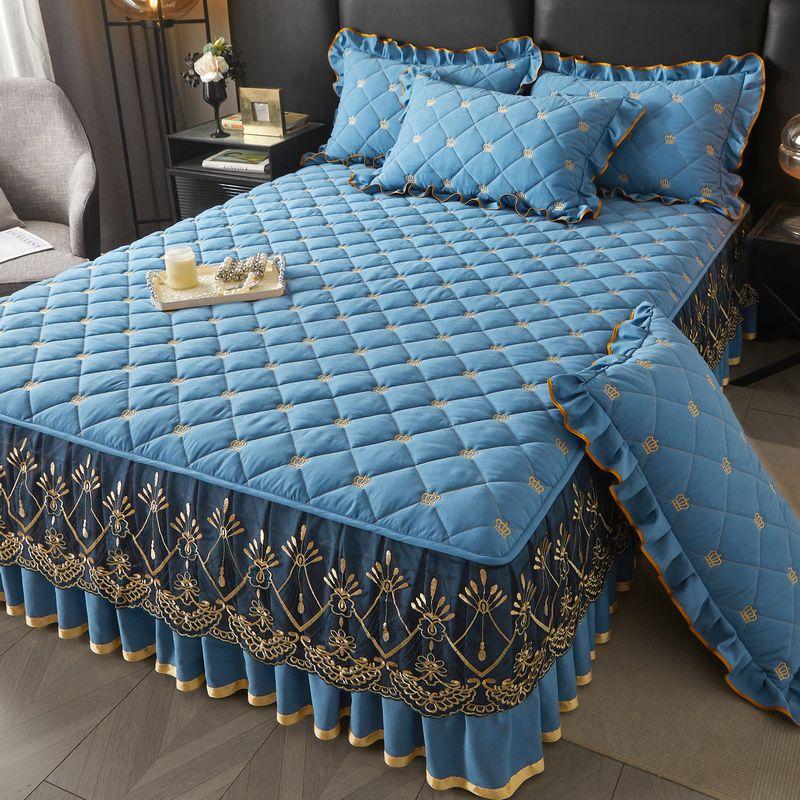 3pcs Korean Style Princess Bed Skirt Set, European Lace Edge Bedspread with Pillow Shams Contemporary Embroidered Lace Bedding Protector