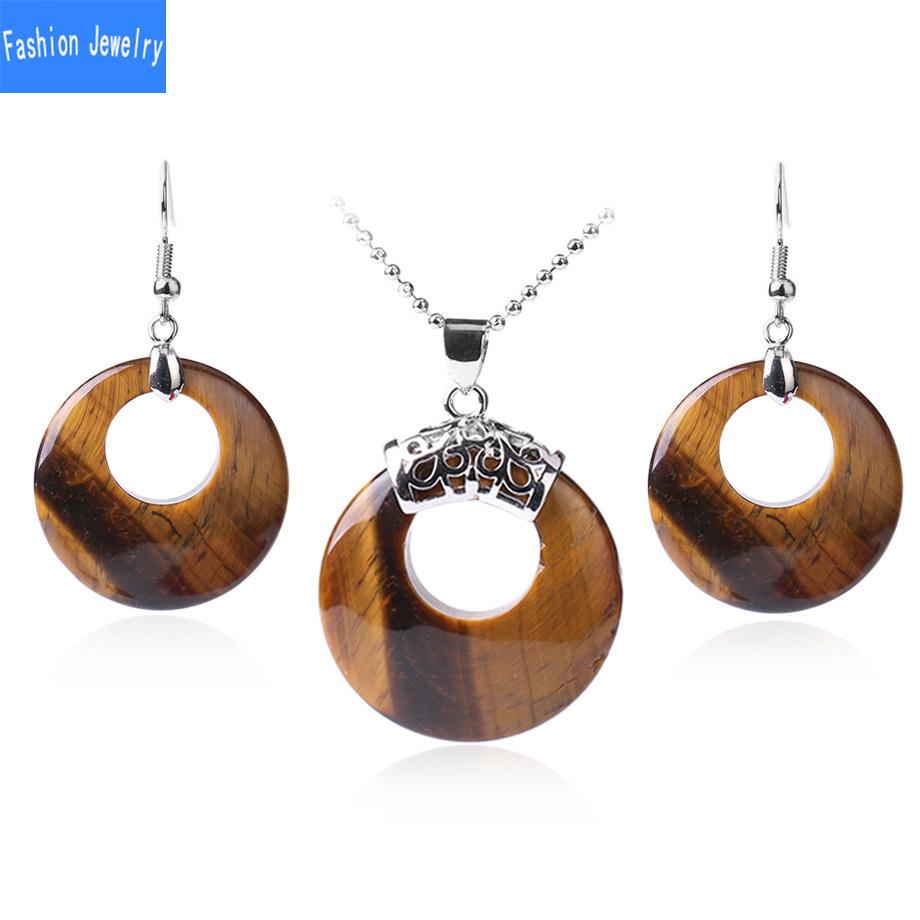 Damen Naturstein Hohl Konzentrisch Rund Set Blume Grün Weiß Kristall Tigerauge Stein Ohrring Halskette Set