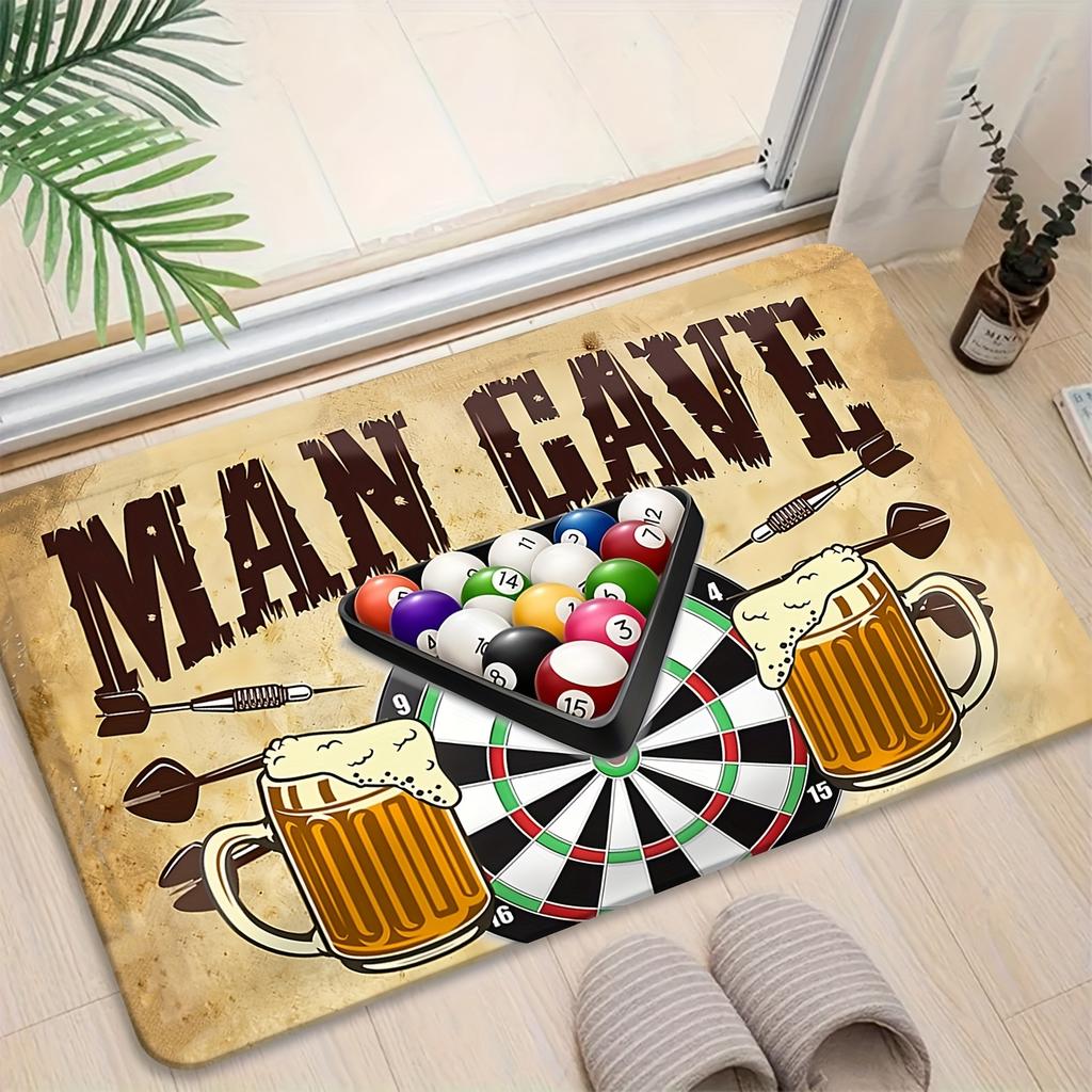 Man Cave Bier Fußmatte Flanell-Stil Teppich, Dartscheibe Billardkugeln Design Rutschfest Waschmaschinenfest Türteppich für Freizeit