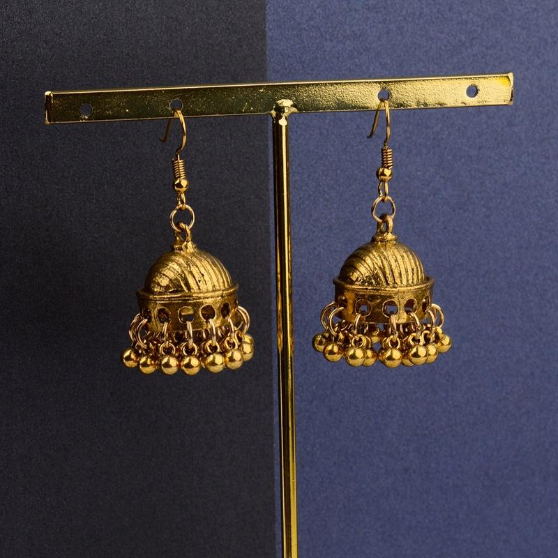 TopHanqi Retro Ethnic India Jhumka Jhumki Earrings Femme Antique Gold Color Carved Lotus Lantern Drop Earrings For Women Zircon