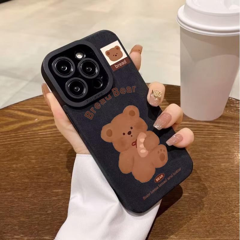 Cartoon Cute Little Brown Bear Phone Case For iPhone Air 17 16 15 14 Plus 13 Mini 12 11 Pro Max XS XR X 16E Faux Leather Cover