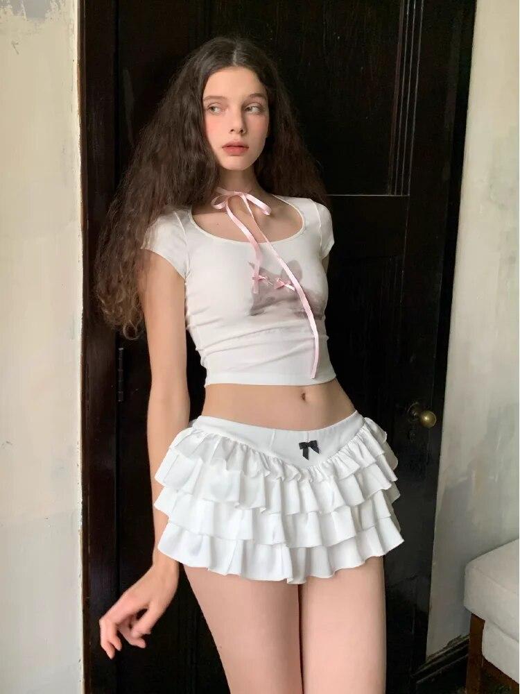 Y2k Kawaii Roztomilé tortové volániky Biela minisukňa Ženy Mašľa Tenká sukňa Elastická páska Letná A-Sukňa Na párty Streetwear