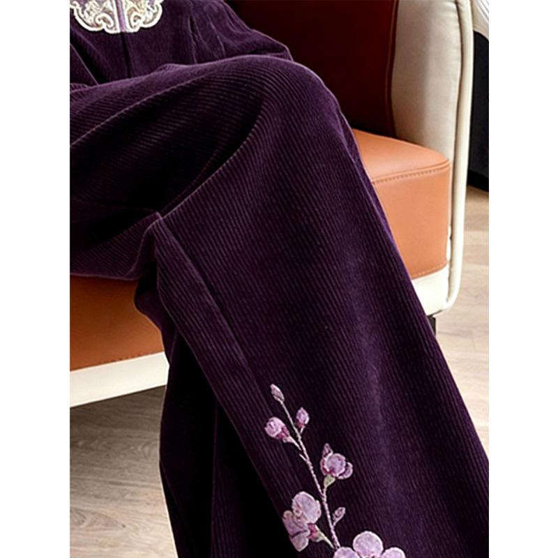 European Cotton Velvet Frog Button Wide-Leg Pants - Dark Purple, Plus Velvet, Chinese Style 2026