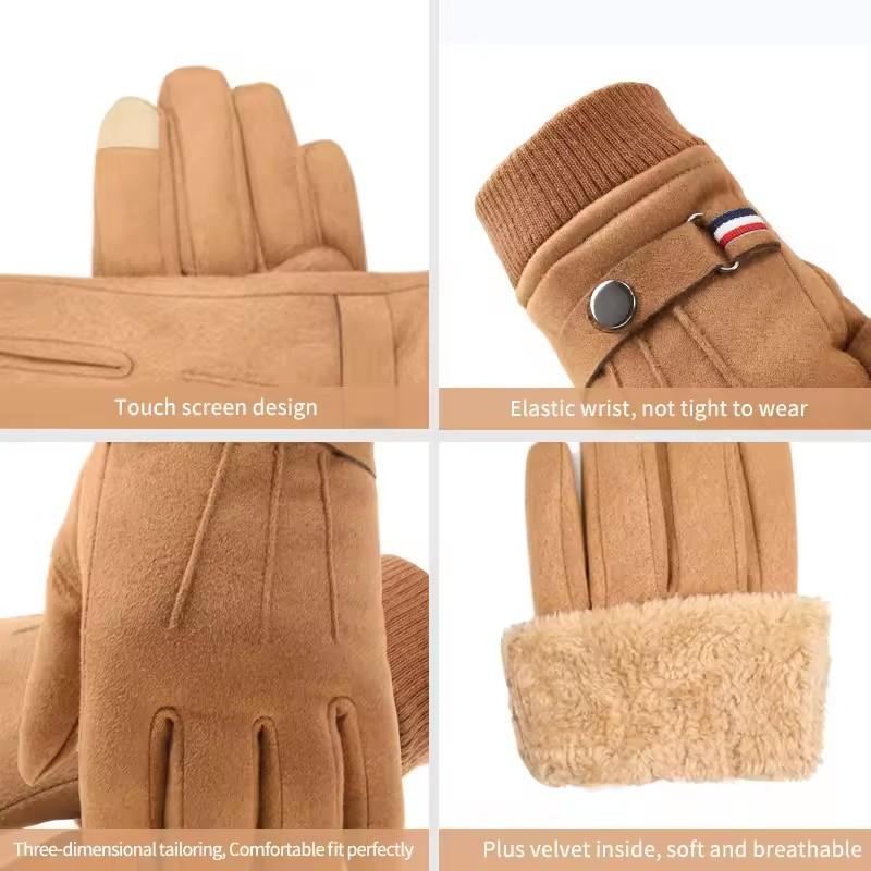 Winter Warm Finger Gloves Men Touch Screen Velvet Outdoor Soft Riding Glove Artificial Leather Windproof Motorcycle Skiing Glove