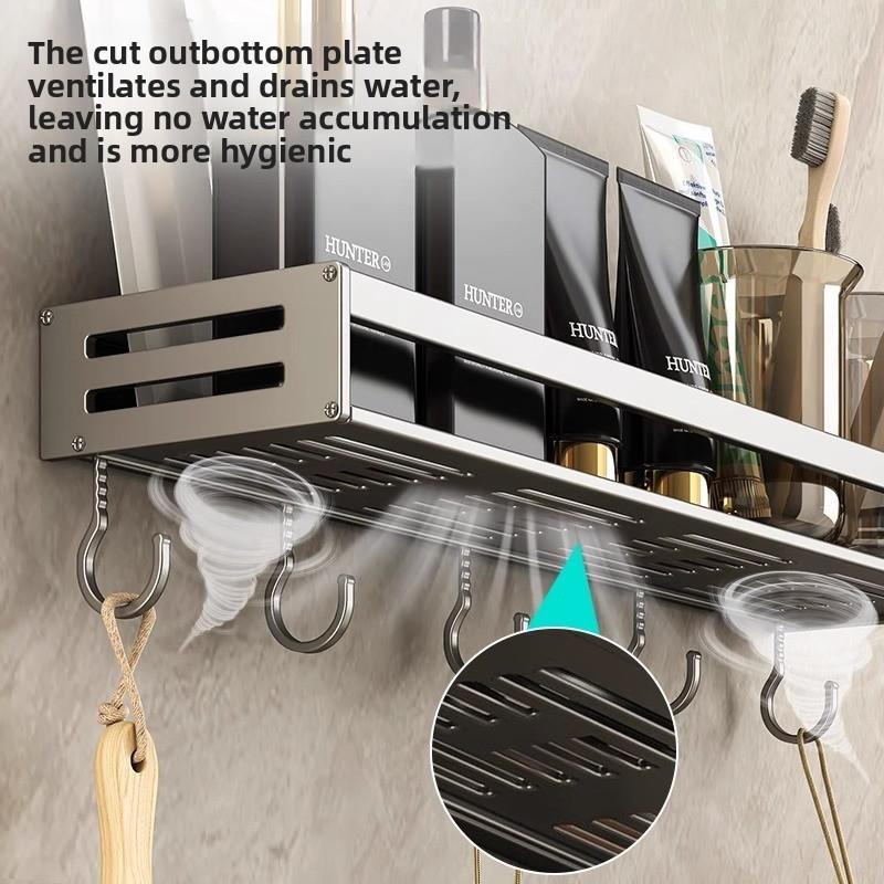 Space Aluminum Bathroom Wall Shelf With Hooks And Oxidized Finish For Toilet Storage
