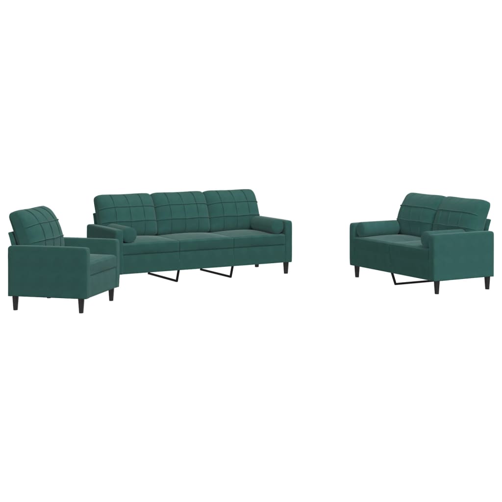 3 Piece Sofa Set with Cushions and Neck Rolls Dark Green Velvet
