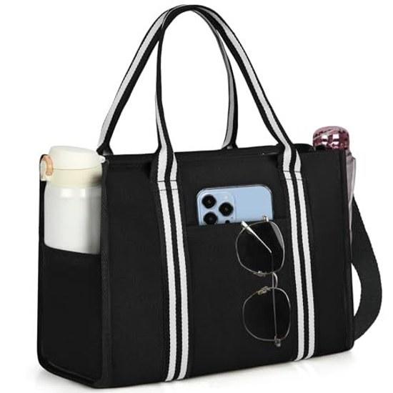 RAINSMORE Tote Bag Womens Canvas Standalone Shoulder Water-Repellent A4 Storage Handbag Mens Zipper Lightweight Commuting School Black Gray