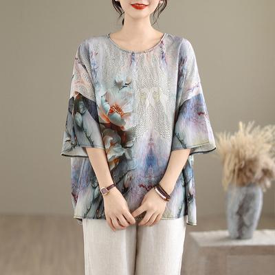 Ethnic Style Summer Blouse Cotton Ethnic Style Shirt Bat Sleeve Shirt Vintage Loose Large Round Neck T-shirt for Women