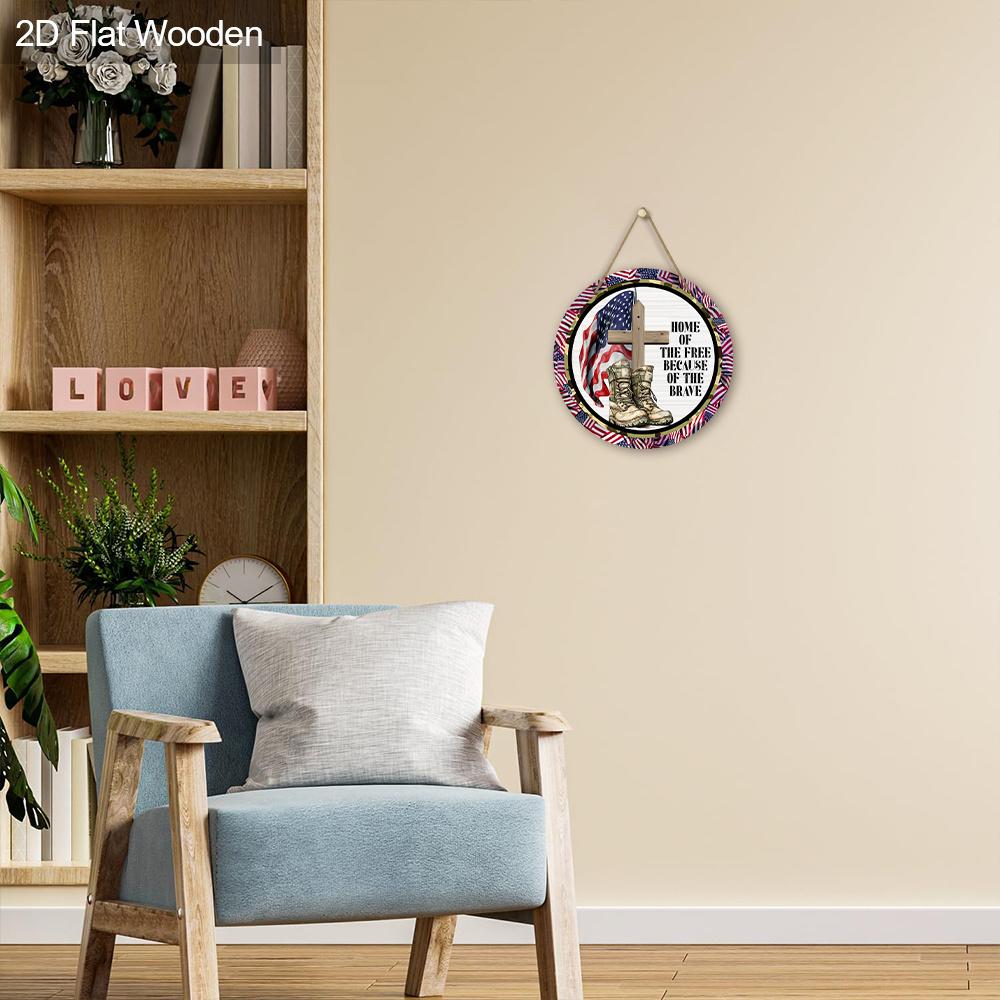 2D Flat 1pc Home of The Free Because of The Brave Wooden Hanging Sign - Patriotic Military Cross & Combat Boots Themed Rustic Door Plaque for Home