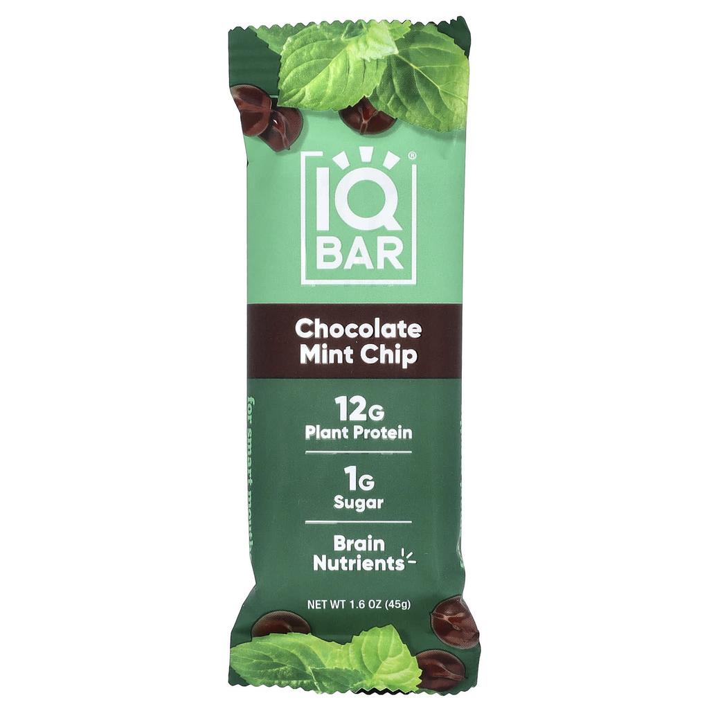 IQBAR, Plant Protein Bar, Chocolate Mint Chip, 12 Bars, 45g (1.6oz) Each
