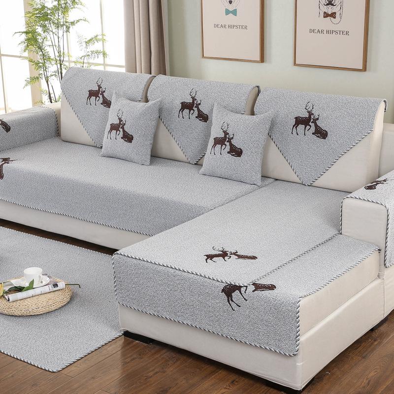 Four Seasons Non-Slip Embroidered Sofa Cushion Cotton Fabric Living Room Universal Linen Thickened Modern Simple Solid Color Sofa Towel
