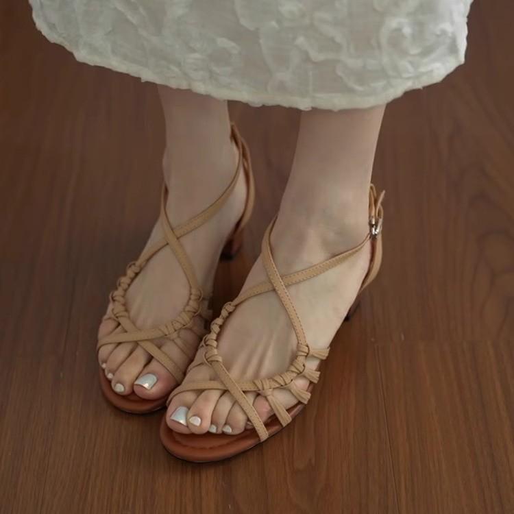 Soft leather version~ hand-woven hollowed-out vacation style high-heeled Roman shoes women's summer open-toed temperament with skirt sandals