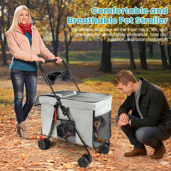 Dog Stroller with 360-degree Wheels, Foldable Pet Cart, 5 Ventilation Windows & Removable Tray, Outdoor Travel Dog Cart for Small/Medium
