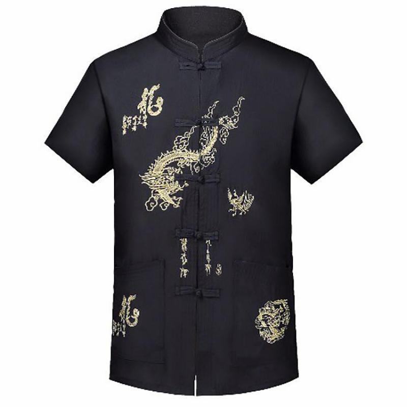 Traditional Chinese Style High Quality 2 IN 1 Tang Suit 2 Patterns Embroidery Dragon Hanfu Blouse Wu Tang Suit Men Kung Fu T Shirts Tops Jackey