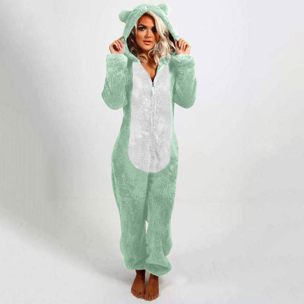 Women's Fashion Fleece-Lined Thickened Fleece Hooded Pyjamas With Zip-Up Onesie