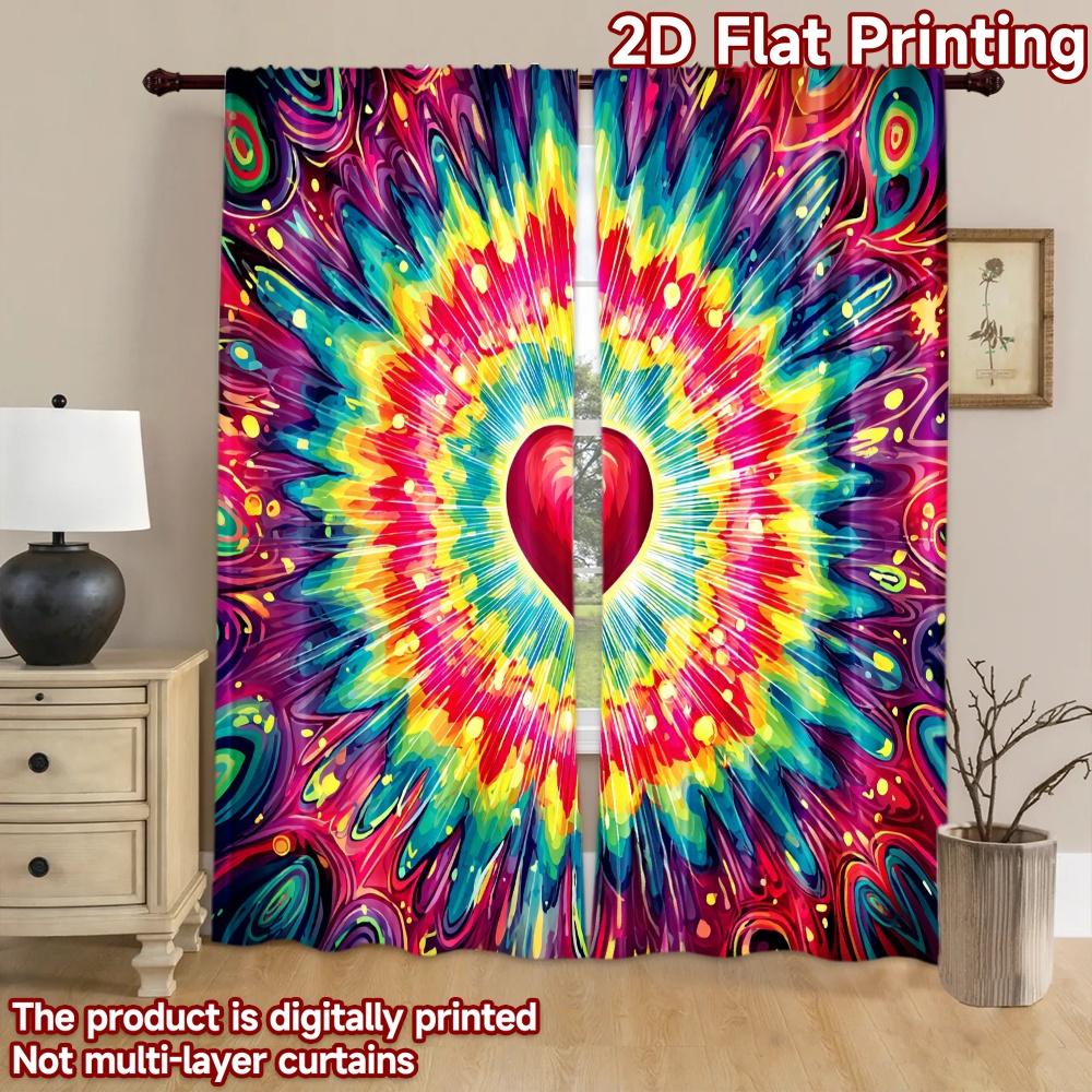 2D Flat Printing 2pcs Drapes Colorful Heart Tie Dye Digital Printed Polyester Drapes Festive Curtains Perfect for Yard & Garden