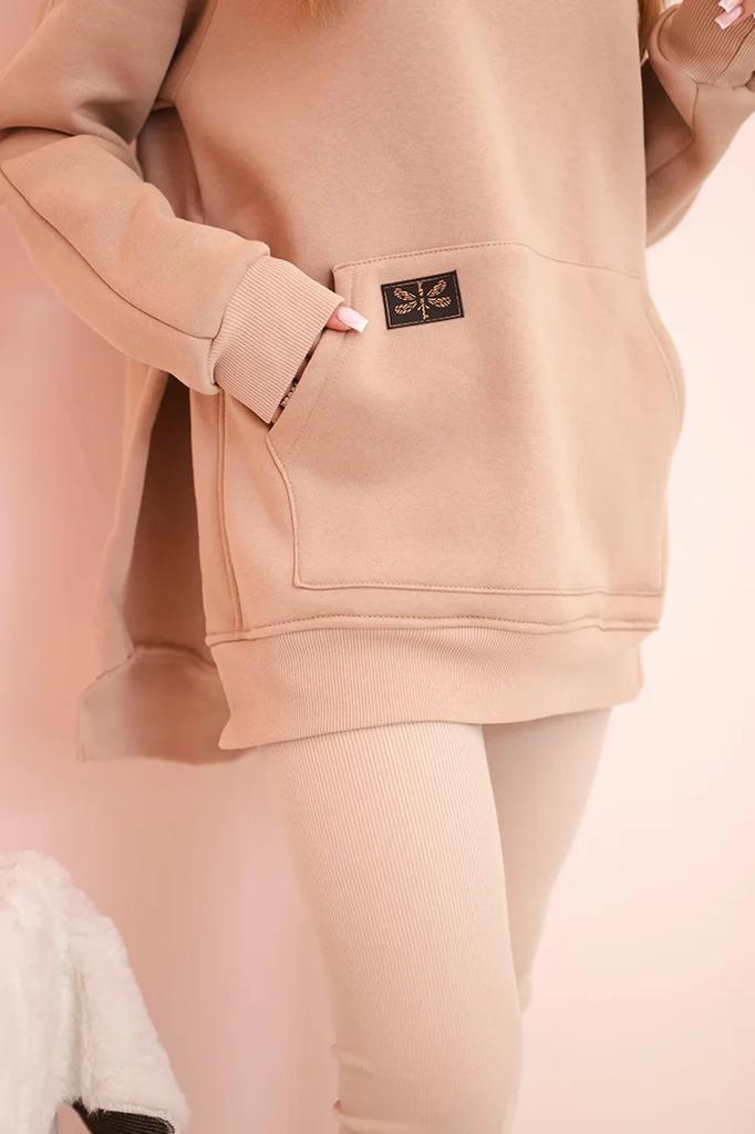 Beżowy Komplet Bluza Oversize Z Kapturem + Legginsy