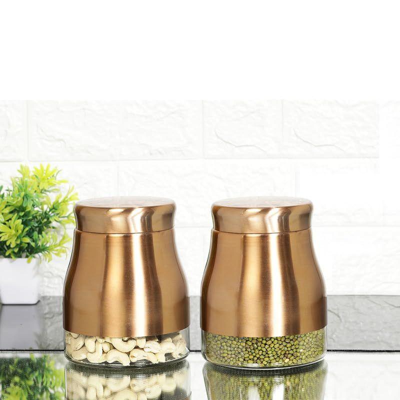 Rose Gold Finish - Bell Bottom Glass Jars for Sugar,Cereal, Spices, Pulses and other Kitchen Storage 880ml, Set of 2