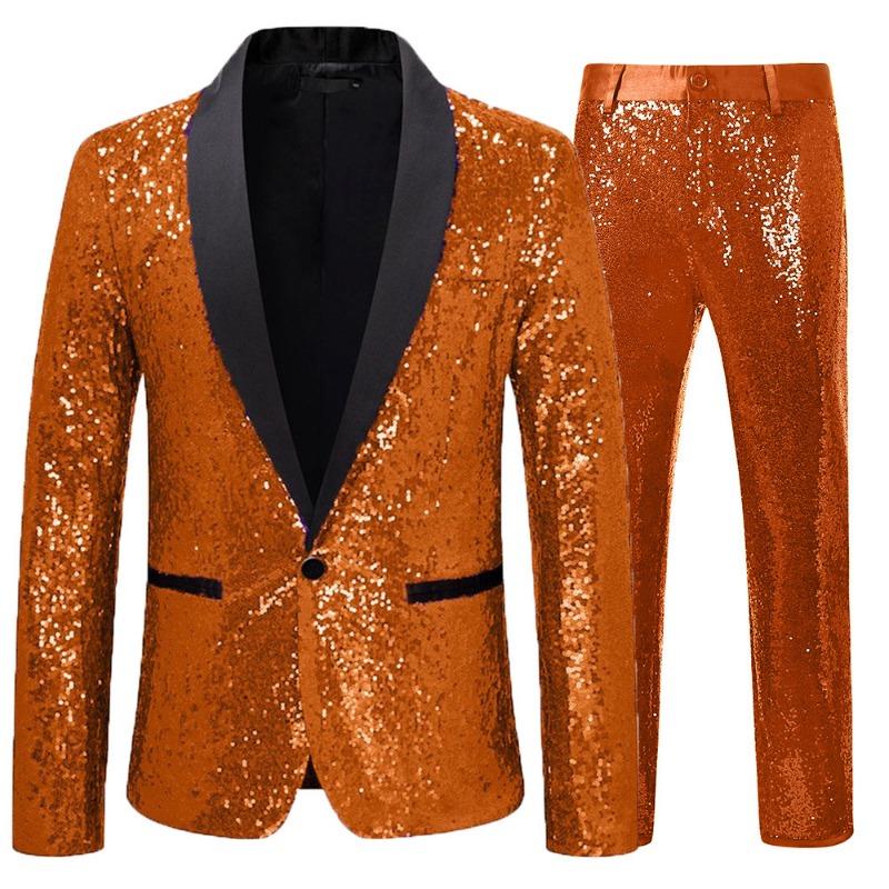 Heren paars pailletten smokingpak zwart satijnen revers 2-delig formeel feest blazer en broek set
