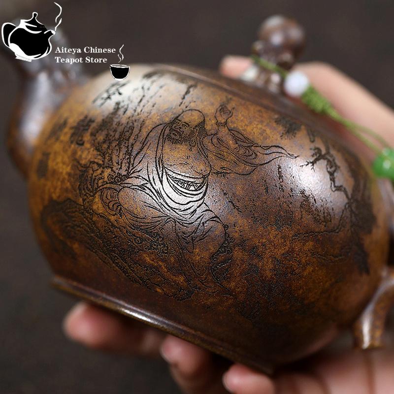Yixing Purple Clay Pot Raw Mine Keel Gold Sand Firewood Arhat Handle Teapot Kung Fu Chinese Tea Set