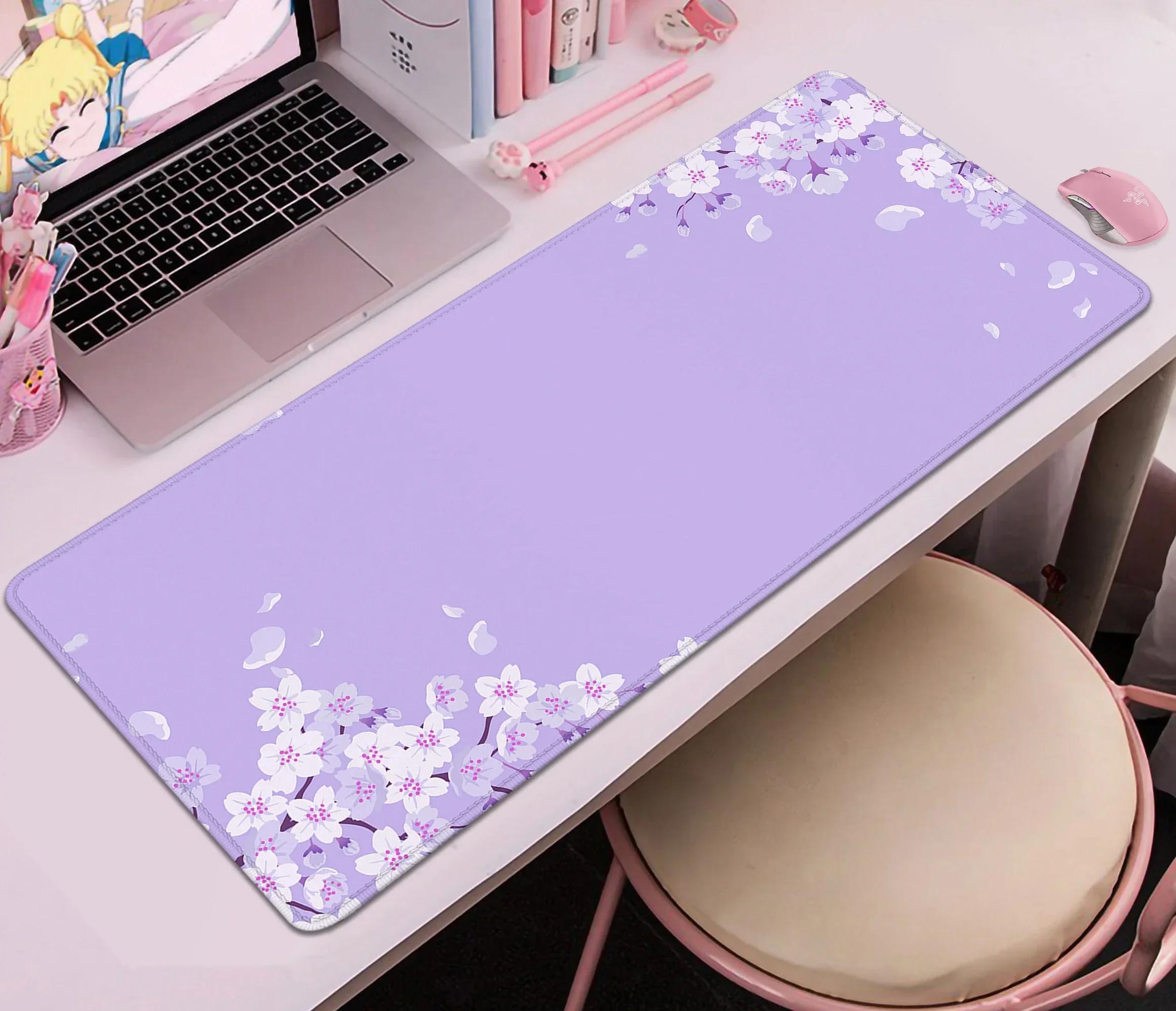 Purple Blossom Deskmat Cute Pastel Purple Lilac Lavender Cherry Sakura Flowers Japanese Desk Mat Cute kawaii Mousepad 40x80x0.2cm