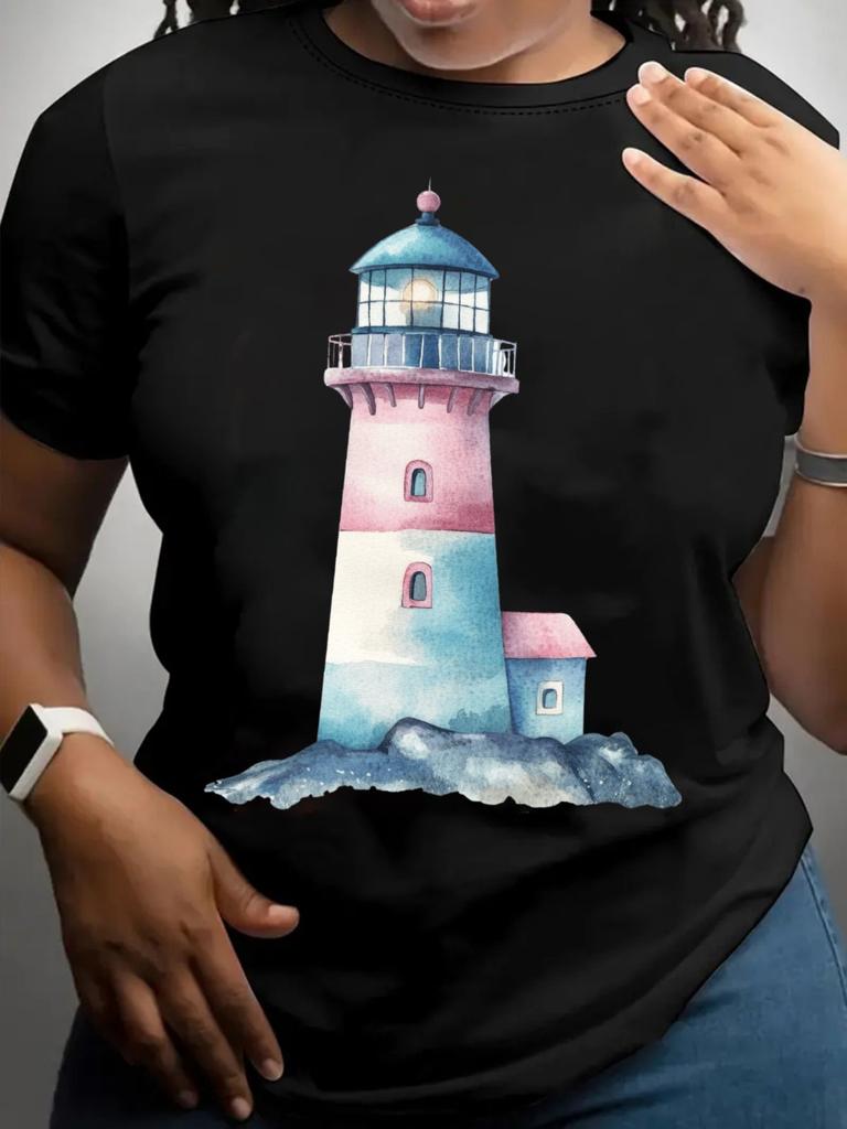 Women's T-Shirt Casual Round Neck Short Sleeve Tee for Spring/Summer,  Everyday Tshirt| Playful Print Tee| Fabric, Lighthouse Decor