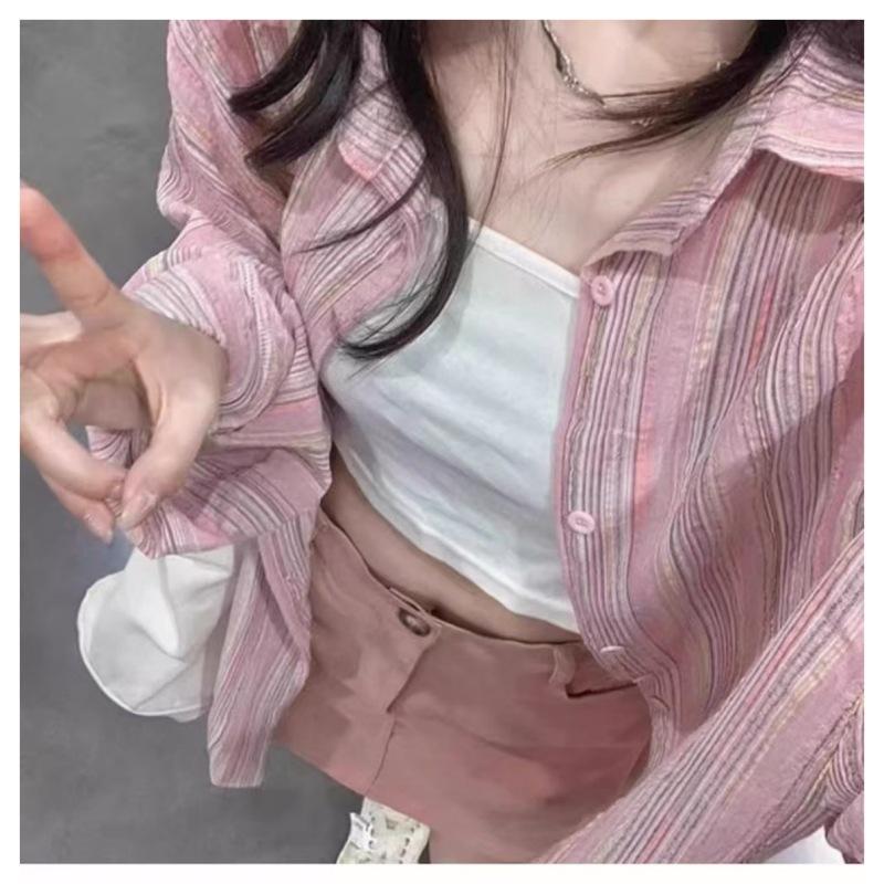 Pink Striped Loose Open Front Shirt Coat For Women Casual Long Sleeve Top