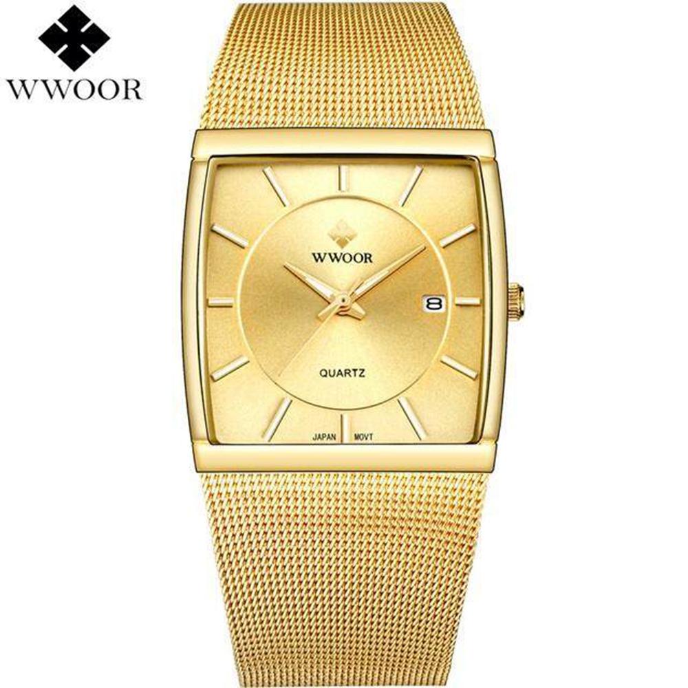 Top Brand WWOOR Quartz Watch Men Square Waterproof Business Men's Watches Luxury Black Steel Strap Sport Wrist Watch