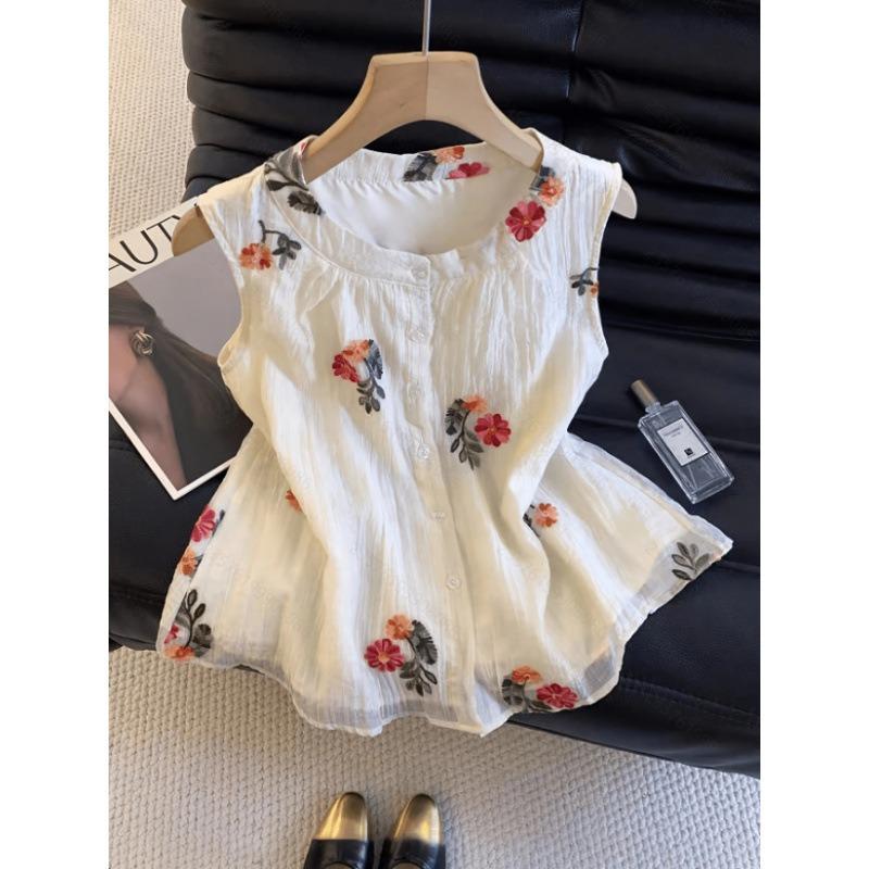 Women Summer Elegant Casual Embroidered Sleeveless Shirt For Office