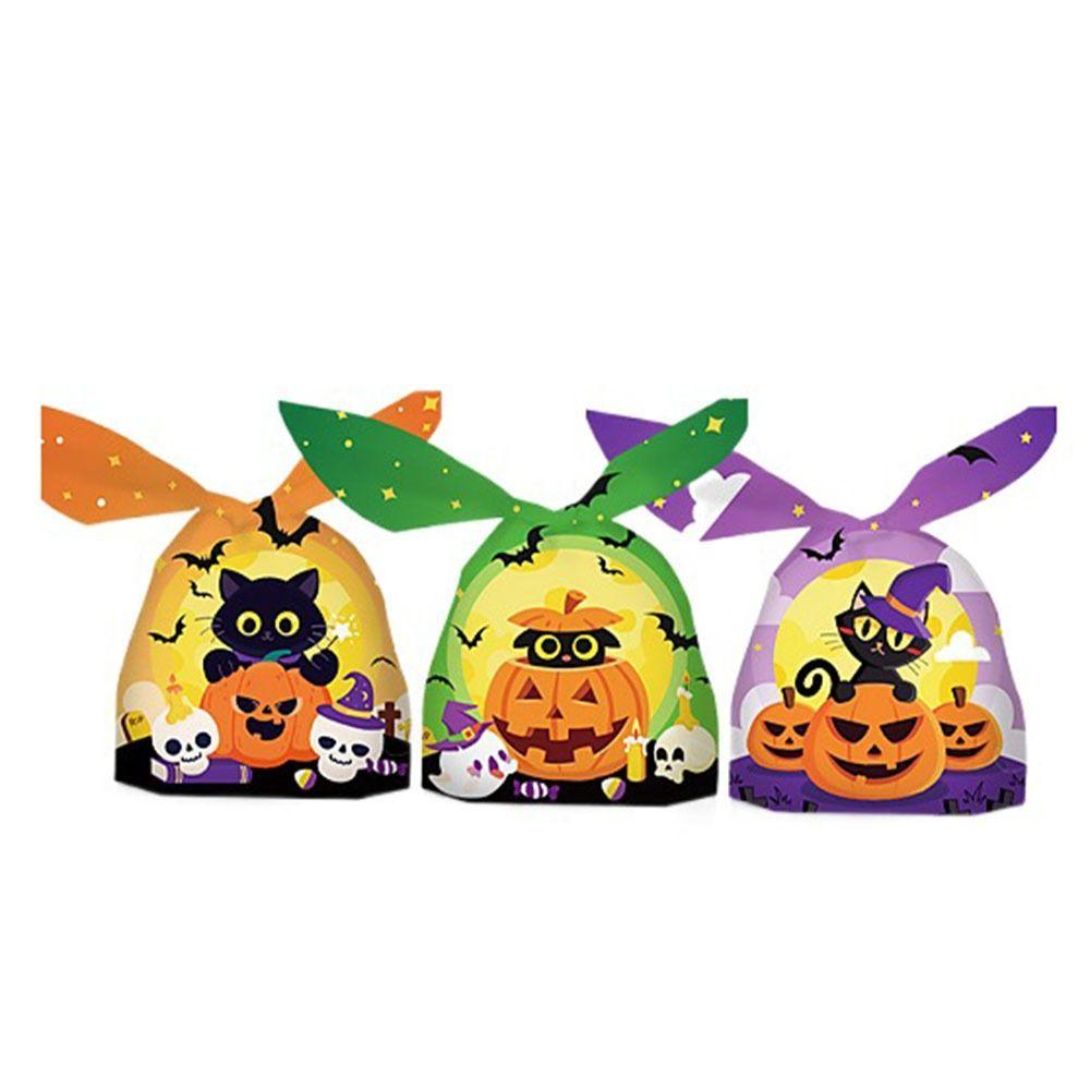 50pcs/bag Pumpkin Cat Ghost Printed Halloween Candy Bag Rabbit Ear Plastic Bag  Halloween Party