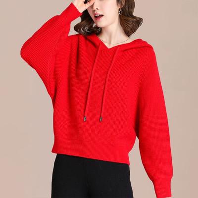 Pullover Sweaters Women Autumn and Winter Slouchy Wind Loose Wearing Bat Sleeve Top Hooded Sweater Knit Pullover Sweater Female