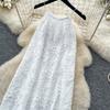 Summer White Lace Halter-Neck Dress for Women Sexy Sleeveless Floral Embroidered A-Line Maxi Dress