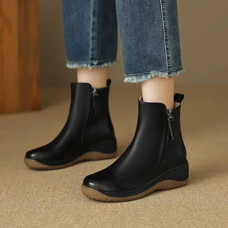 

2024 New Autumn Winter British Style Platform Women s Boots Casual Simple Side Zipper Round Toe Wedge Ankle Boots 35