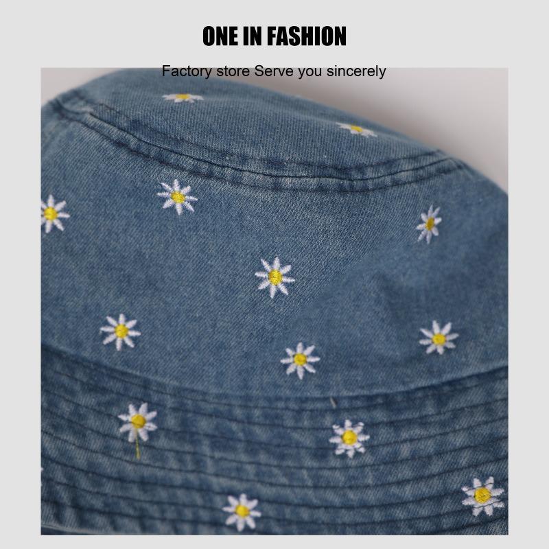 Small Chrysanthemum Embroidered Denim Four Seasons Can Wear Smiley Face Small Face Bucket Hat Women's Sunscreen Sun Hat