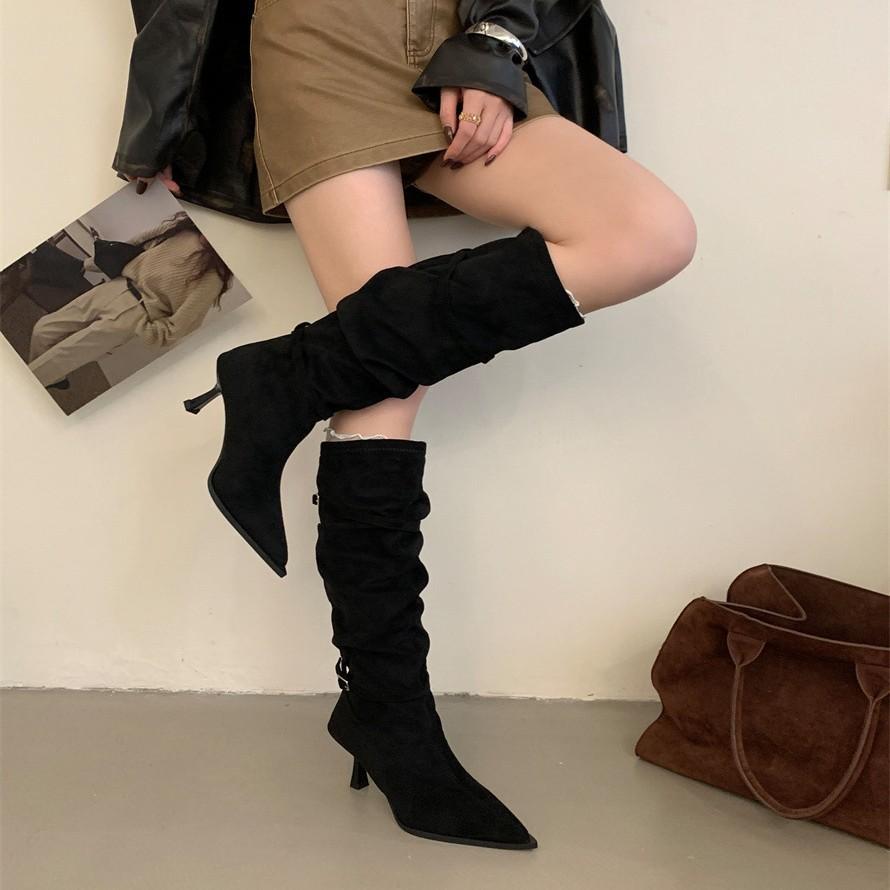 2025 thick heel retro velvet brown knight boots French thin bare boots autumn and winter women's knee boots children