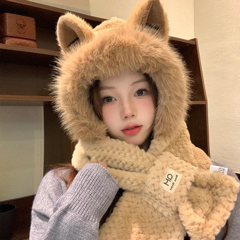 Women's Winter Plush Fox Hat & Scarf Combo - Warm, Trendy, and Versatile Hooded Design