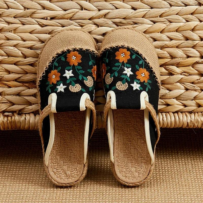 Fashion 2025 Women Casual Linen Handmade Embroidery Mules Flat Slippers Retro Vegan Summer Ladies Canvas Comfortable Espadrille Shoes